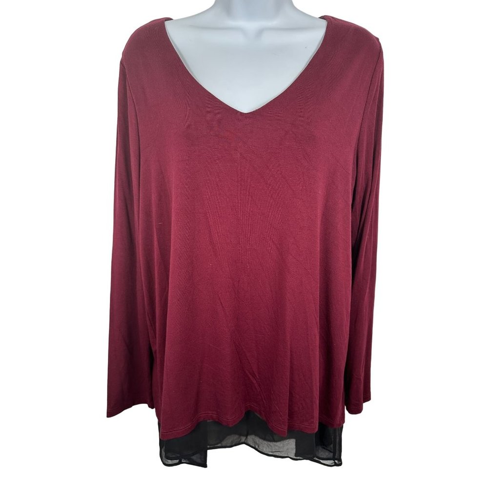 Karen Kane Large Blouse Top Womens Long Sleeve Black Burgundy V-Neck Rayon Blend